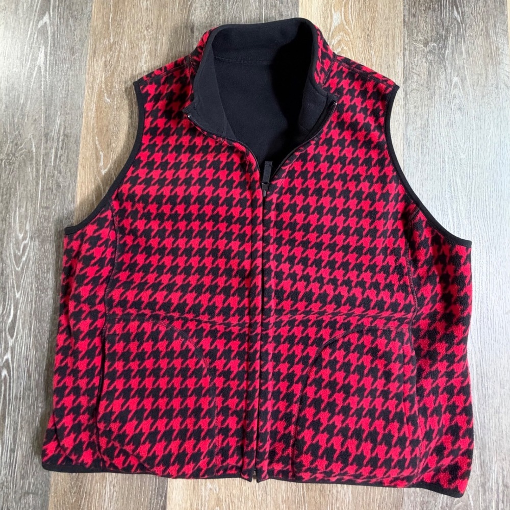 Kim Rogers Fleece Vest Womens 2X Red Black Houndstooth Full Zip Mock Neck Pocket